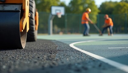 Workers pave basketball court surface with asphalt roller. Men in safety vests install new sports ground. Construction crew builds outdoor recreation area.