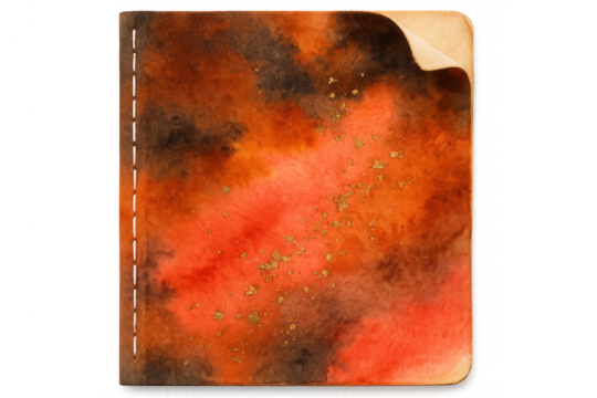 Hand-painted watercolor autumn notebook with aged paper texture, curled corner, and warm seasonal colors, transparent background