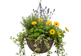 Vibrant yellow flowers and green foliage in a woven hanging basket isolated on transparent background