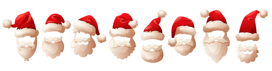 A collection of Santa Claus hats and beards, featuring red hats with white trim and fluffy white beards. Ideal for holiday decorations and festive themes.