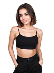 Portrait of a stylish young woman with a black crop top and pants, isolated, transparent background, no background. PNG.