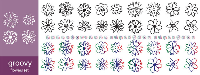 Groovy hippy daisy flowers set. hand drawn decorative elements. Retro vintage style, flower icon, flat colors, Flat cartoon, Vector illustration.