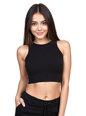 Portrait of a stylish young woman with a black crop top and pants, isolated, transparent background, no background. PNG.