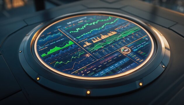 Financial Data at Your Fingertips: Immerse yourself in the sleek lines and intricate details of a financial dashboard, charting the rise and fall of markets, presenting the complex world of finance.