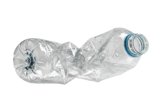 discarded, crumpled clear pet plastic bottle, detailed with dirt and micro-scratches, isolated against a high-key white background casting hard shadows. concept of environmental degradation and waste