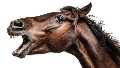 Horse vocalizing with open mouth against a plain background during bright daylight