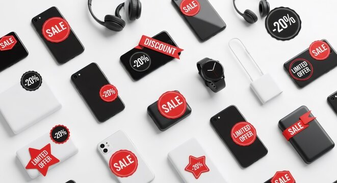 Various electronics with red and black sale and discount stickers for online shopping promotion and special offer advertisement concept.