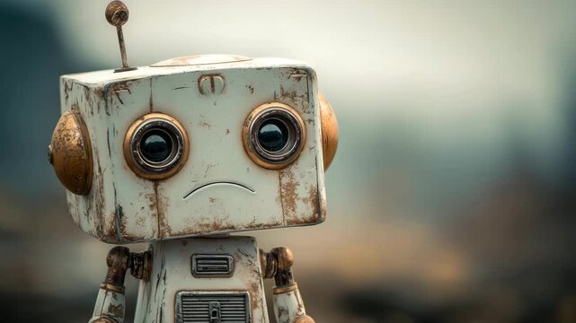 cute little robot looks sad illustrated animation