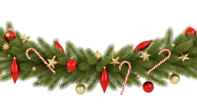 Festive green fir garland adorned with red baubles gold stars and candy canes isolated on transparent background - Powered by Adobe
