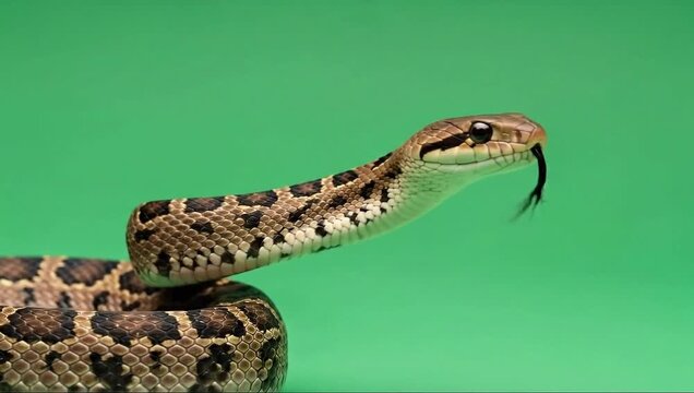Detailed macro portrait of alert cobra lifting its hood, revealing intricate scale patterns against a seamless vibrant green screen background.