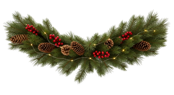 Festive christmas garland with pine cones berries and warm white led lights isolated on transparent background