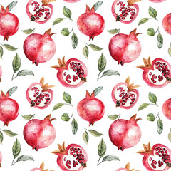 seamless pattern repeating pattern of ripe pomegranates and green leaves isolated on white. vibrant colors highlight the natural beauty of fruit, perfect for home decor or textiles