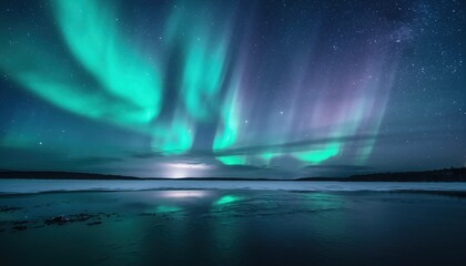 Aurora Borealis spectacle:Witness the ethereal dance of the Aurora Borealis, painting the night sky with vibrant hues above a serene landscape, creating a mesmerizing display.