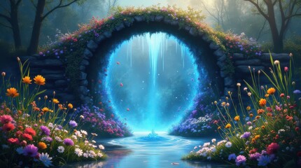 Magical Portal Bridge in Enchanted Forest with Glowing Blue Light and Flowers.