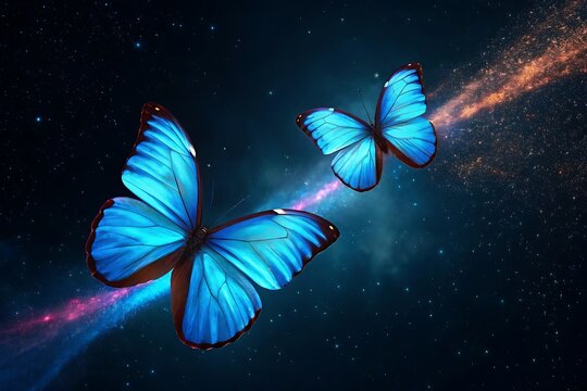 Two vibrant blue butterflies flying through a cosmic nebula with glowing light trails - Powered by Adobe