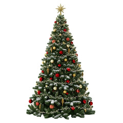 Fototapeta premium Beautifully decorated christmas tree with ornaments lights and star isolated on transparent background