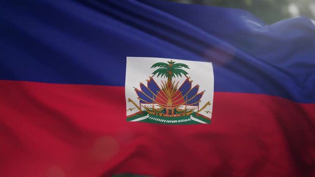Dynamic Haitian flag waving gently, symbolizing national pride, cultural heritage, and patriotic spirit, perfect for travel, history, and education visuals