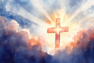 stunning watercolor scene showcases a cross glowing amidst soft clouds at sunset. Rays of light burst from behind, creating a serene and uplifting atmosphere