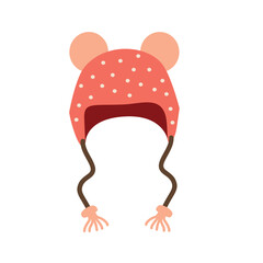 Cute pink winter hat with ear flaps and white polka dots. Stylish Winter Beanie Hat. Cute Pom Pom Winter Beanie