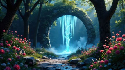 Enchanted Forest Portal with Glowing Blue Light and Lush Greenery.