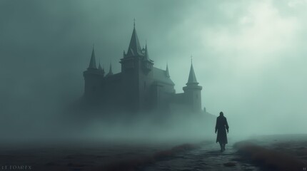Mysterious Figure Approaches Foggy Castle Silhouette Under Ethereal Light.