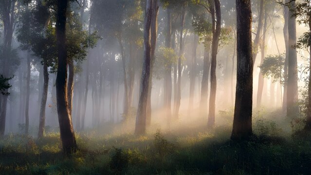 A misty forest at dawn, fog drifting between tree trunks, with soft light breaking through 