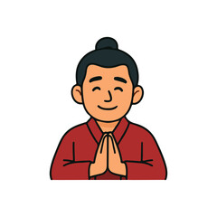 Smiling man with greeting gesture. Traditional man showing respect. Asian character with prayer hands.