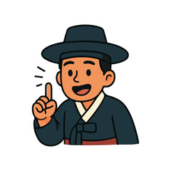 Korean man pointing up with bright idea. Cheerful man in traditional hanbok explaining.