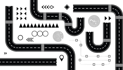 Abstract road network schematic, lanes, dashed markings, navigation symbols, flowchart elements, logistics mapping, route planning, cad drawing flat vector illustration