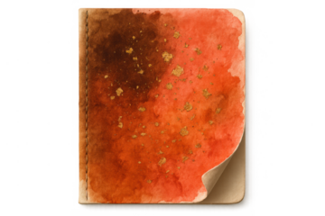 Vintage watercolor journal cover with gold leaf particles and a curled page, creating an old aged leather texture on transparent background