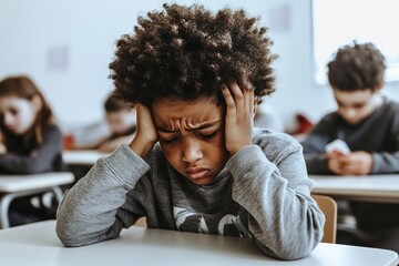 young african american boy sits at a desk, grimacing as he covers his ears with both hands. Other children in background focused on their tasks, highlighting his distress in classroom setting