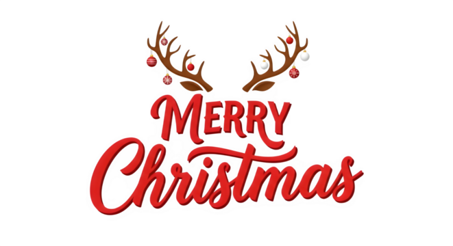 Festive merry christmas text with illuminated reindeer antlers and baubles isolated on transparent background