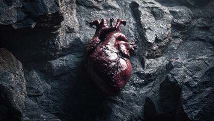 Anatomical heart rests on textured dark rock background
