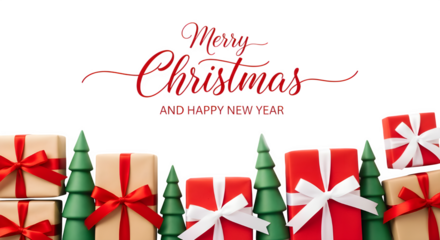 Festive christmas presents and decorated trees with merry christmas text isolated on transparent background