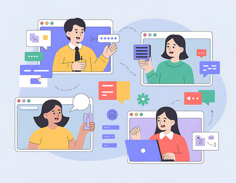 Diverse group of people collaborating and communicating in a virtual online meeting or conference call