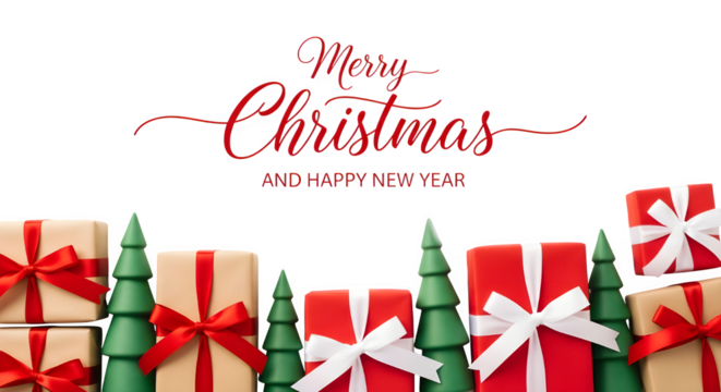 Festive christmas presents and decorated trees with merry christmas text isolated on transparent background