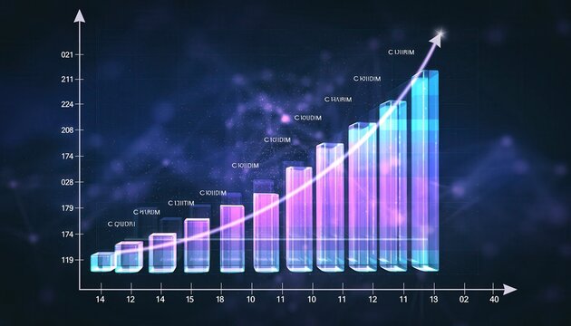 Rising Graph: An abstract visualization of a vibrant bar graph, soaring upwards against a digital backdrop, symbolizes growth, and financial success. 