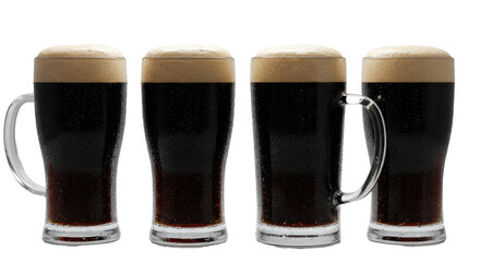 medium close-up of four luxurious, icy dark stout beer mugs in a line, heavy condensation, detailed glass texture, transparent background. concept for premium dark stout advertising