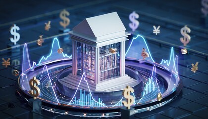 Financial Institution Illustration: A digital depiction of a financial institution, surrounded by currency symbols and dynamic data visualizations, embodies the essence of modern banking and finance.