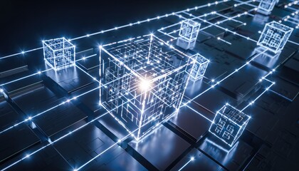 Illuminating Cubes: A captivating display of interconnected, glowing cubes, highlighting the complex network of data streams within a futuristic digital landscape.