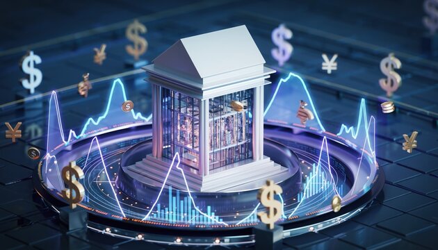 Financial Institution Illustration: A digital depiction of a financial institution, surrounded by currency symbols and dynamic data visualizations, embodies the essence of modern banking and finance.
