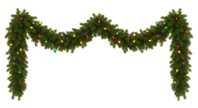 Festive green christmas garland with colorful lights and pinecones isolated on transparent background