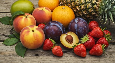 Colorful assortment of fresh, ripe fruits on a weathered wooden surface