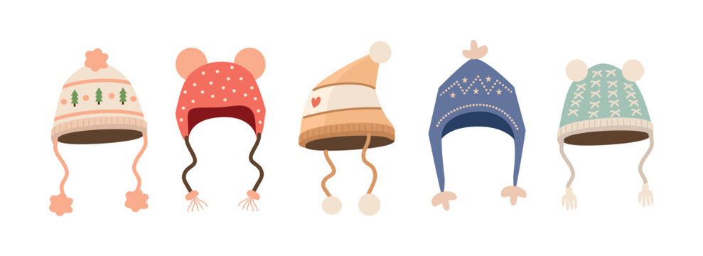 Set of Cozy Winter Hats with Pom Poms and Ear Flaps. Soft Wooly Knit Hat. Collection of winter hat.