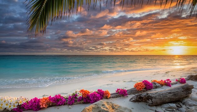 Tropical Sunset Paradise: A breathtaking sunset casts a warm glow over a serene beach, where gentle waves meet the pristine sand, creating an idyllic tropical scene.