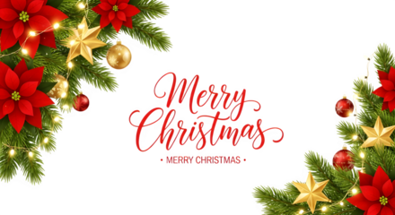 Elegant merry christmas and happy new year greeting with festive poinsettias fir branches golden stars baubles and fairy lights isolated on transparent background