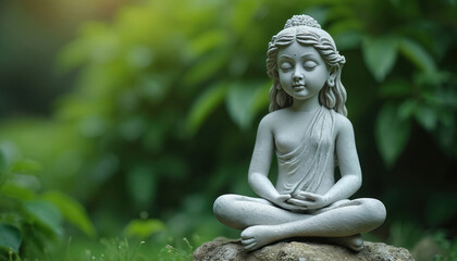 Fototapeta premium Stone statue of girl sits in meditation pose. Sculpture peaceful face expression on nature green background. Concept of tranquility, calmness, inner peace, Zen style. Woman sculptured from stone,