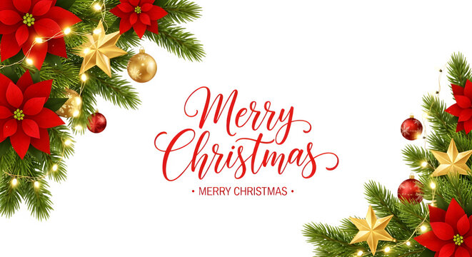 Elegant merry christmas and happy new year greeting with festive poinsettias fir branches golden stars baubles and fairy lights isolated on transparent background