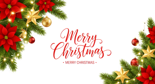 Elegant merry christmas and happy new year greeting with festive poinsettias fir branches golden stars baubles and fairy lights isolated on transparent background