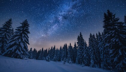 Enchanted Nightscape: A mesmerizing panorama of the night sky unfolds above a snow-dusted forest, the stars sparkling like diamonds against a canvas of deep blue.